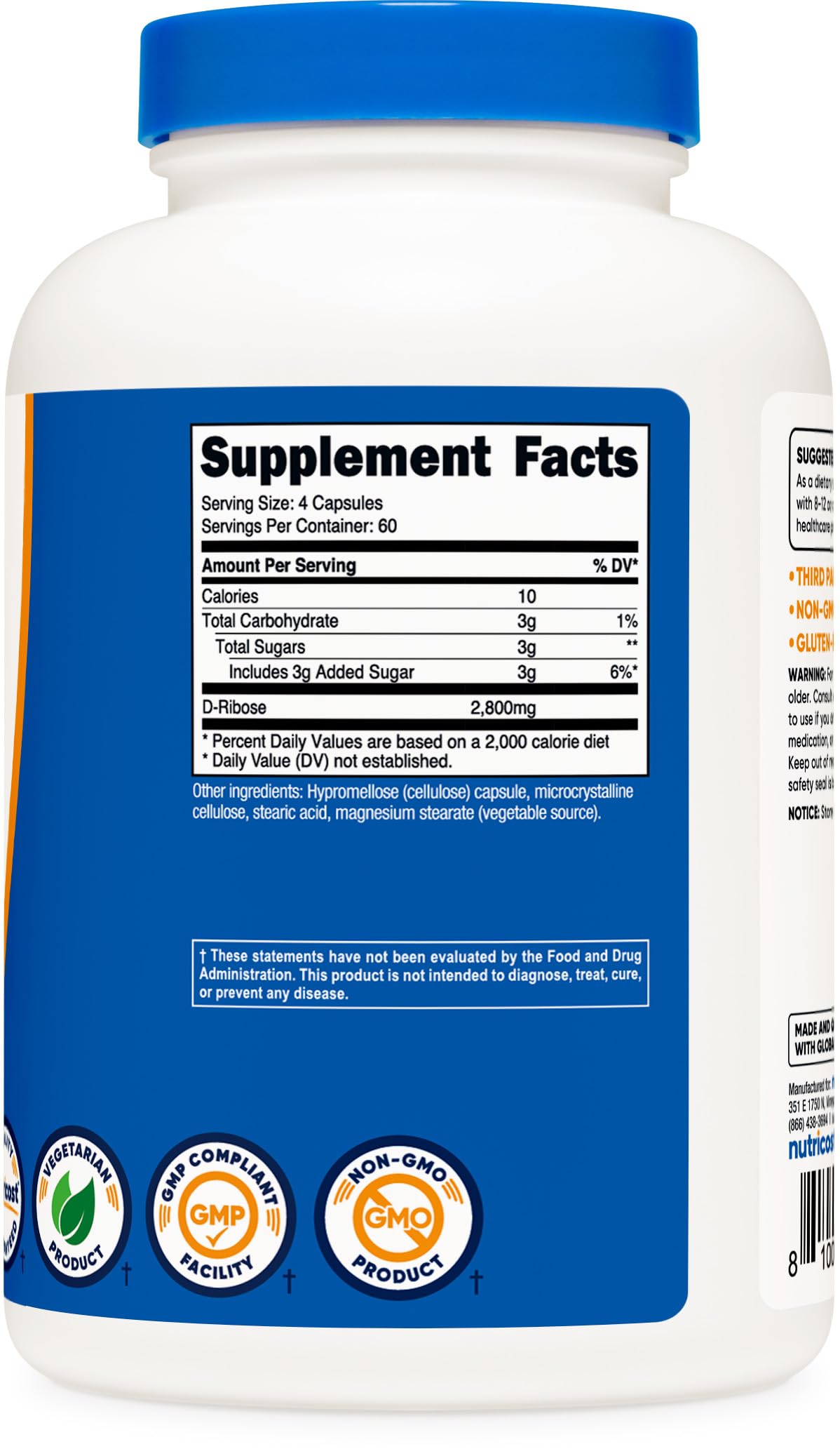 Foto 6 pulgar | Suplemento Nutricost D-ribose 700 Mg (2800 Mg/porción), 240 Cápsulas - Venta Internacional.