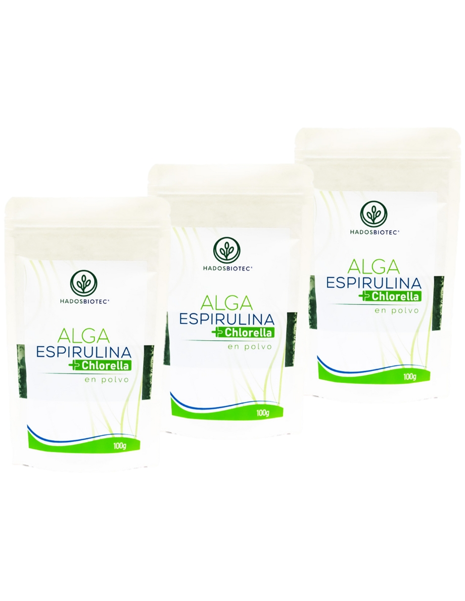 Foto 1 | Alga Espirulina + Chlorella En Polvo Hadosbiotec Pack 3 Piezas 100 G C/u Ingredientes Naturales Sin Conservadores N