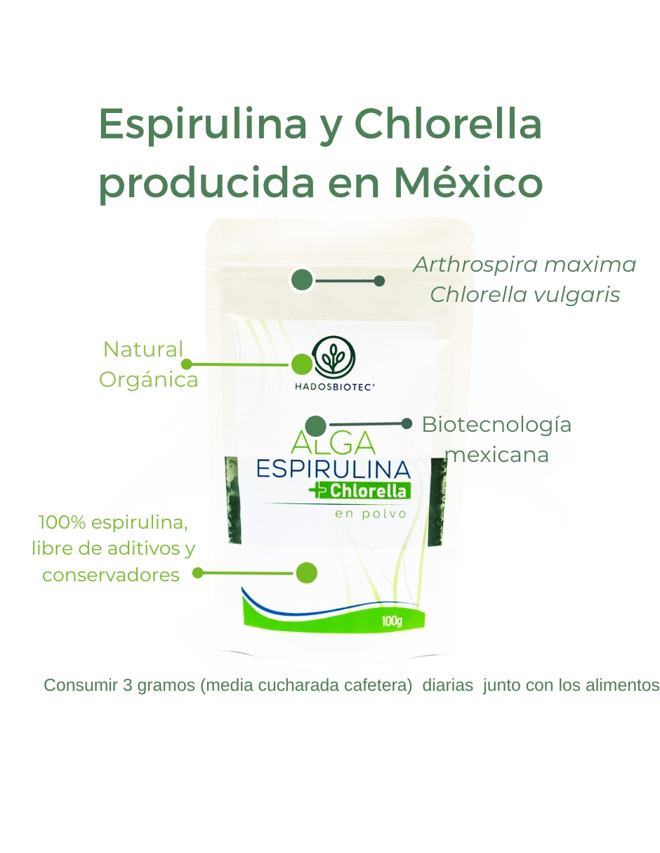 Foto 4 pulgar | Alga Espirulina + Chlorella En Polvo Hadosbiotec Pack 3 Piezas 100 G C/u Ingredientes Naturales Sin Conservadores N