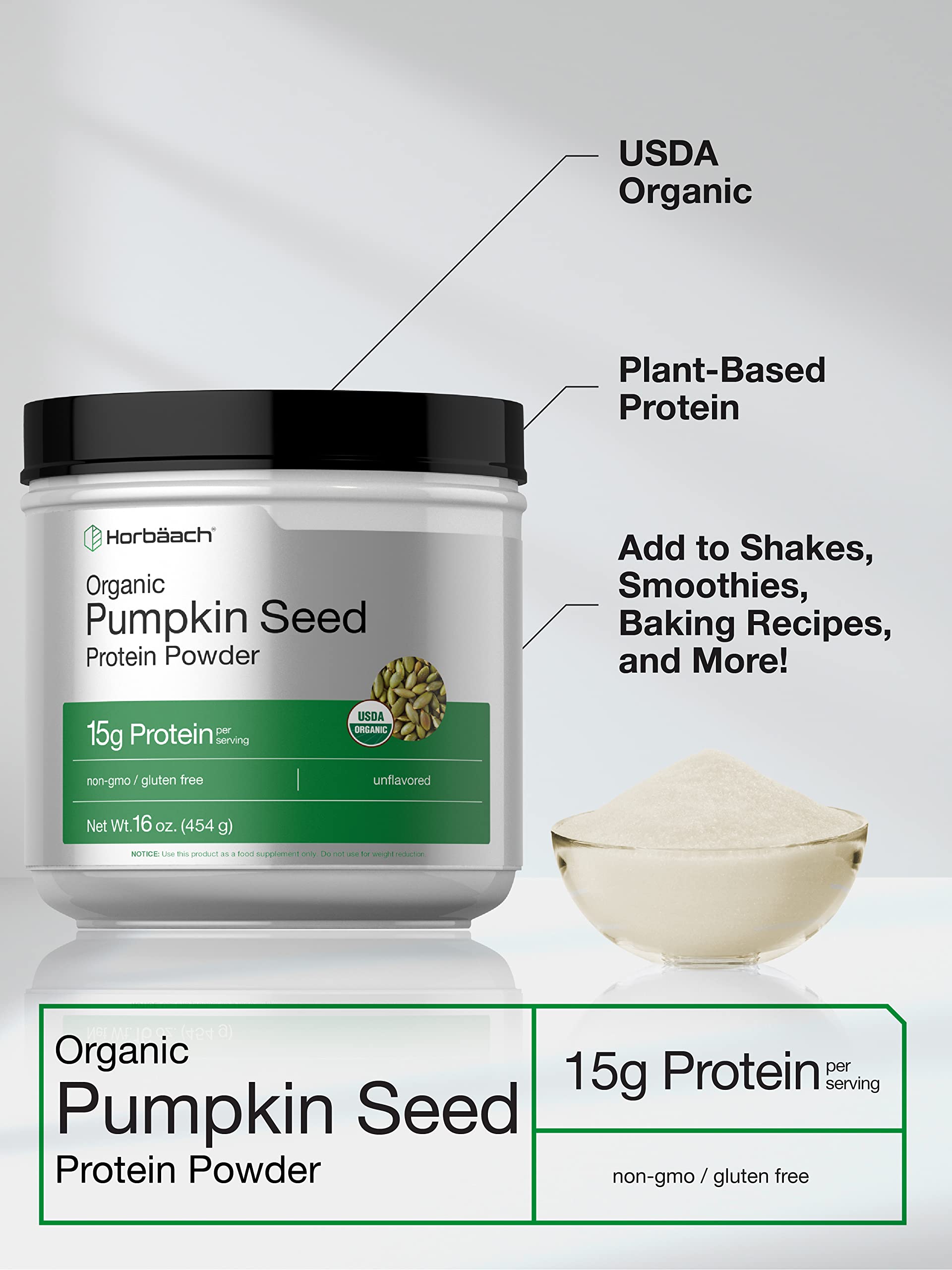 Foto 3 | Proteína En Polvo De Semillas De Calabaza Horbäach Orgánica 473 Ml 15 G - Venta Internacional.