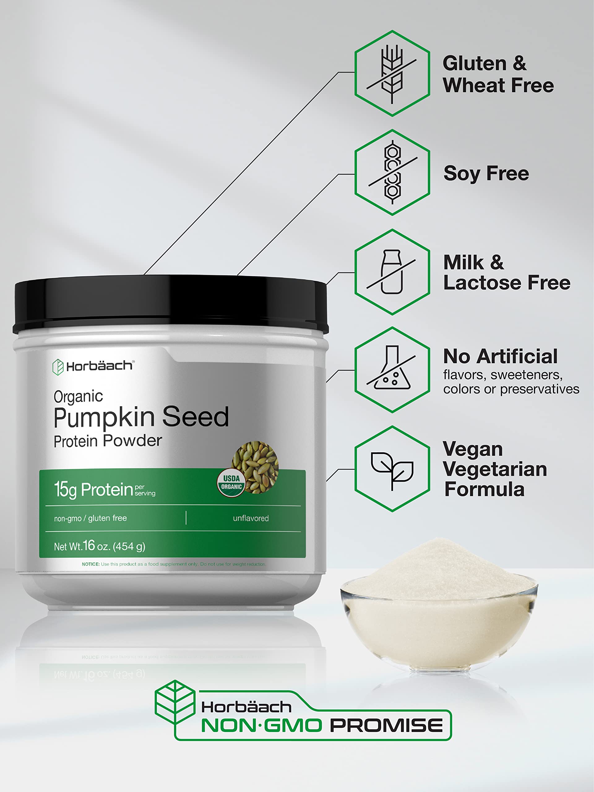 Foto 5 pulgar | Proteína En Polvo De Semillas De Calabaza Horbäach Orgánica 473 Ml 15 G - Venta Internacional.