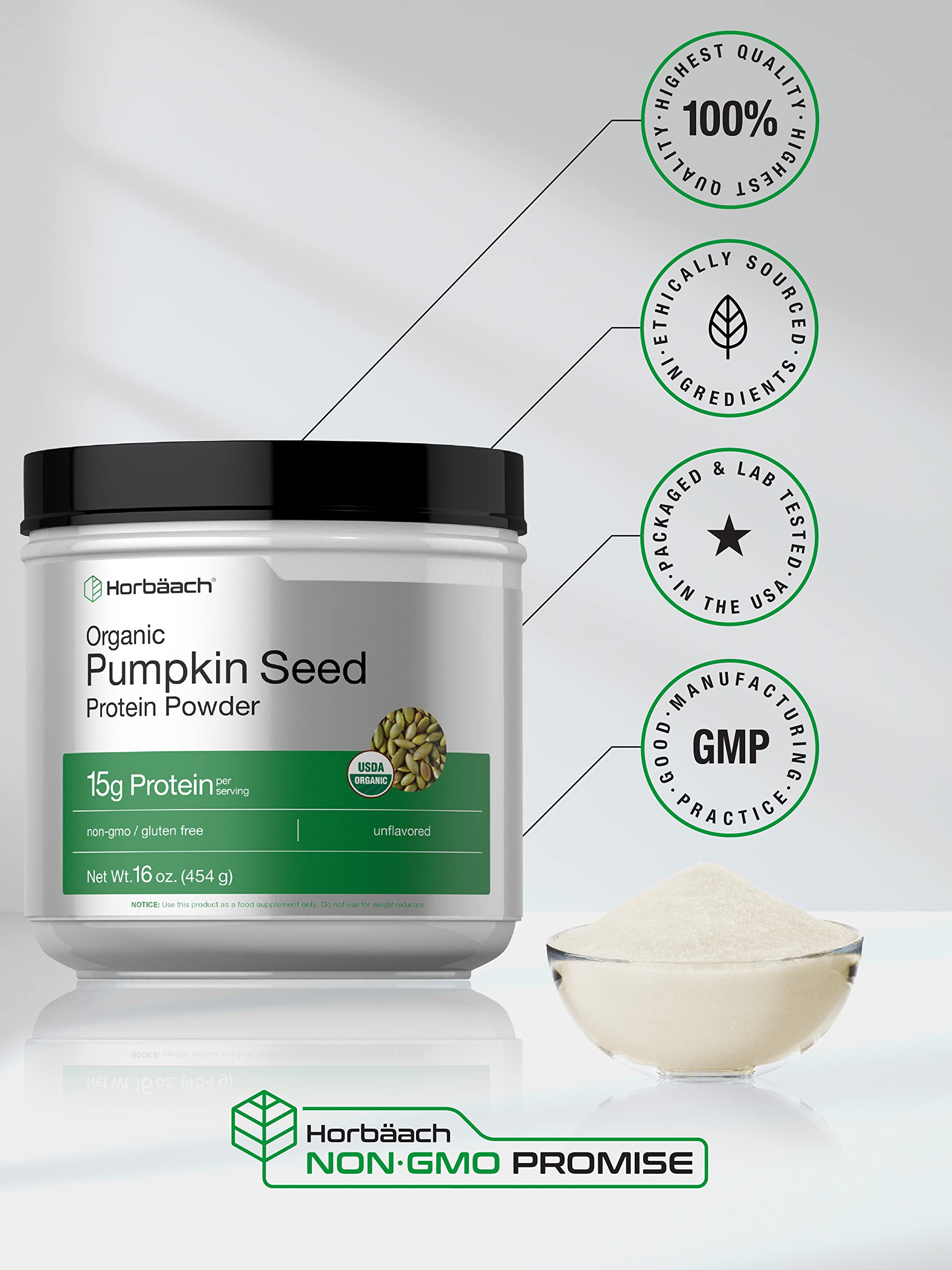 Foto 6 pulgar | Proteína En Polvo De Semillas De Calabaza Horbäach Orgánica 473 Ml 15 G - Venta Internacional.
