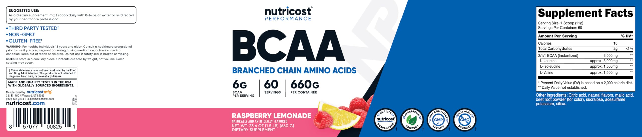 Foto 7 pulgar | Limonada De Frambuesa Nutricost En Polvo Con Bcaa, 60 Porciones, 180 G - Venta Internacional.