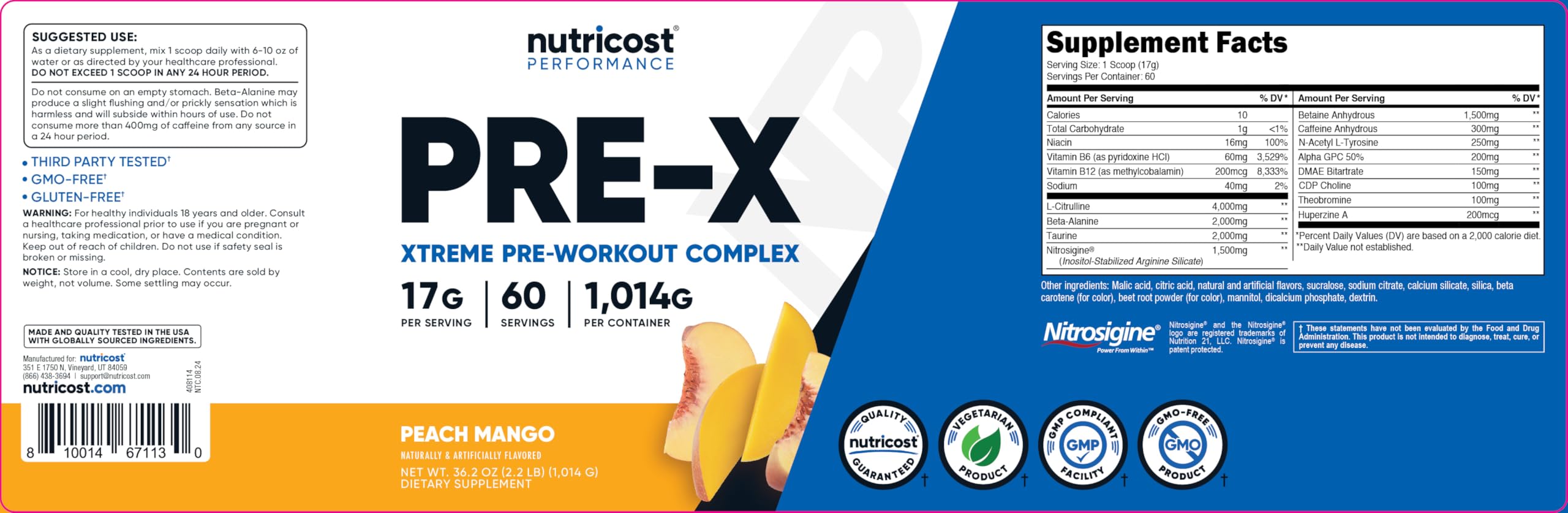 Foto 7 pulgar | Polvo Para Antes Del Entrenamiento Nutricost Pre-x Xtreme Peach Mango 60 Unidades - Venta Internacional.