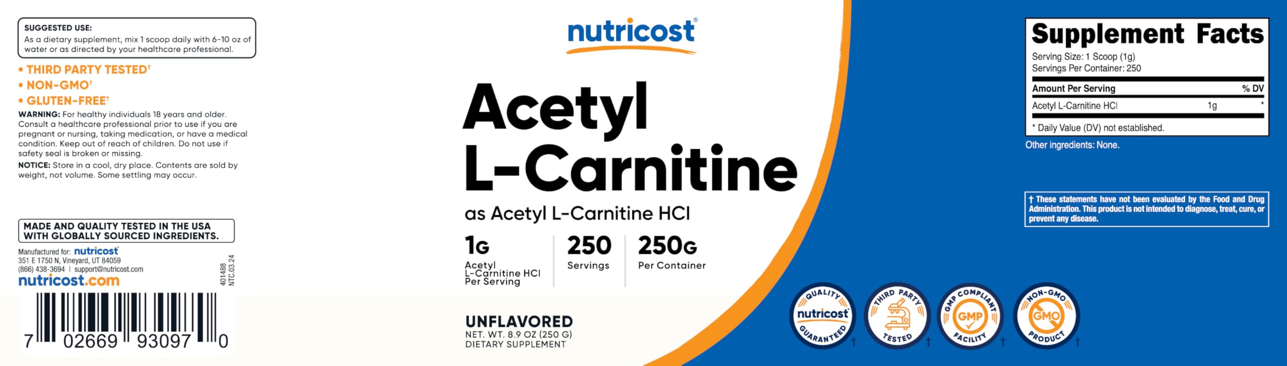 Foto 7 pulgar | Suplemento Nutricost Acetil L-carnitina (alcar) En Polvo De 250 G - Venta Internacional.