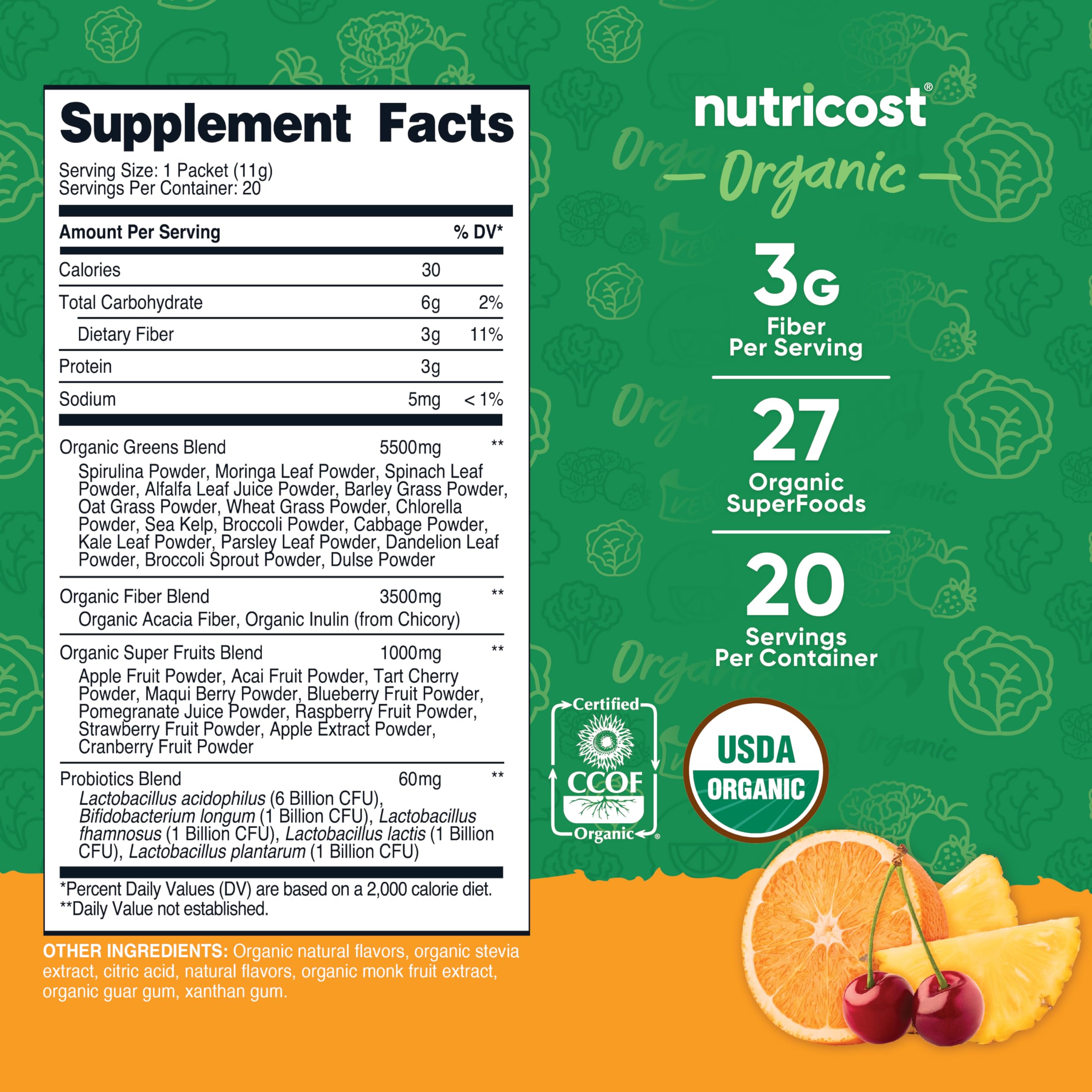 Foto 3 pulgar | Super Greens Nutricost Organic Orange Sunrise, 20 Paquetes - Venta Internacional.