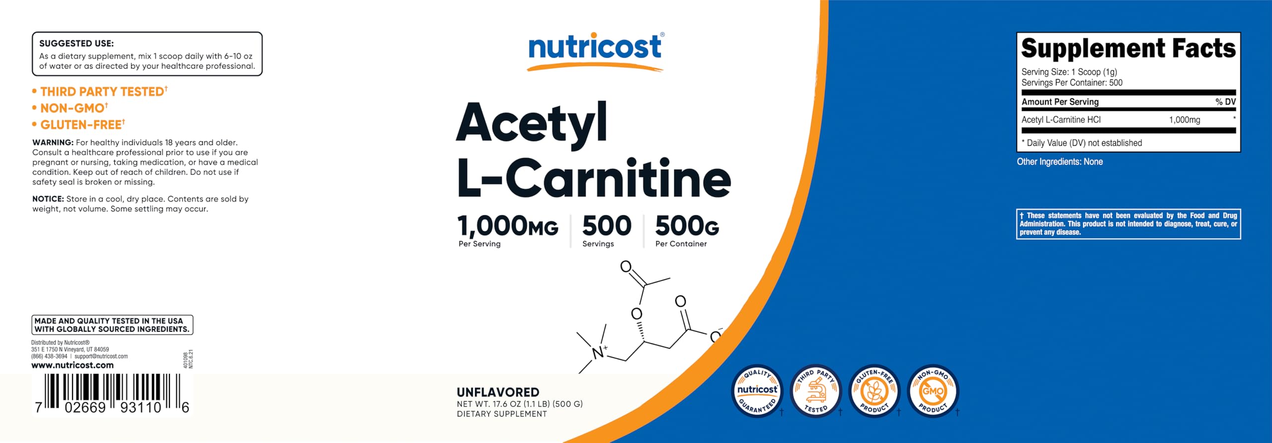 Foto 7 pulgar | Suplemento Acetil L-carnitina Nutricost (alcar) 500 G - Venta Internacional.