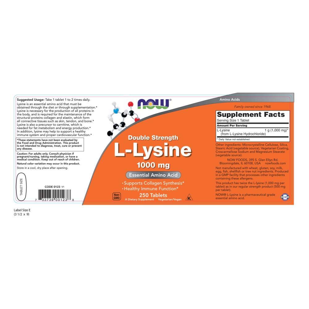 Foto 3 pulgar | Supplement Now Clorhidrato De L-lisina 1000 Mg 250 Comprimidos - Venta Internacional.