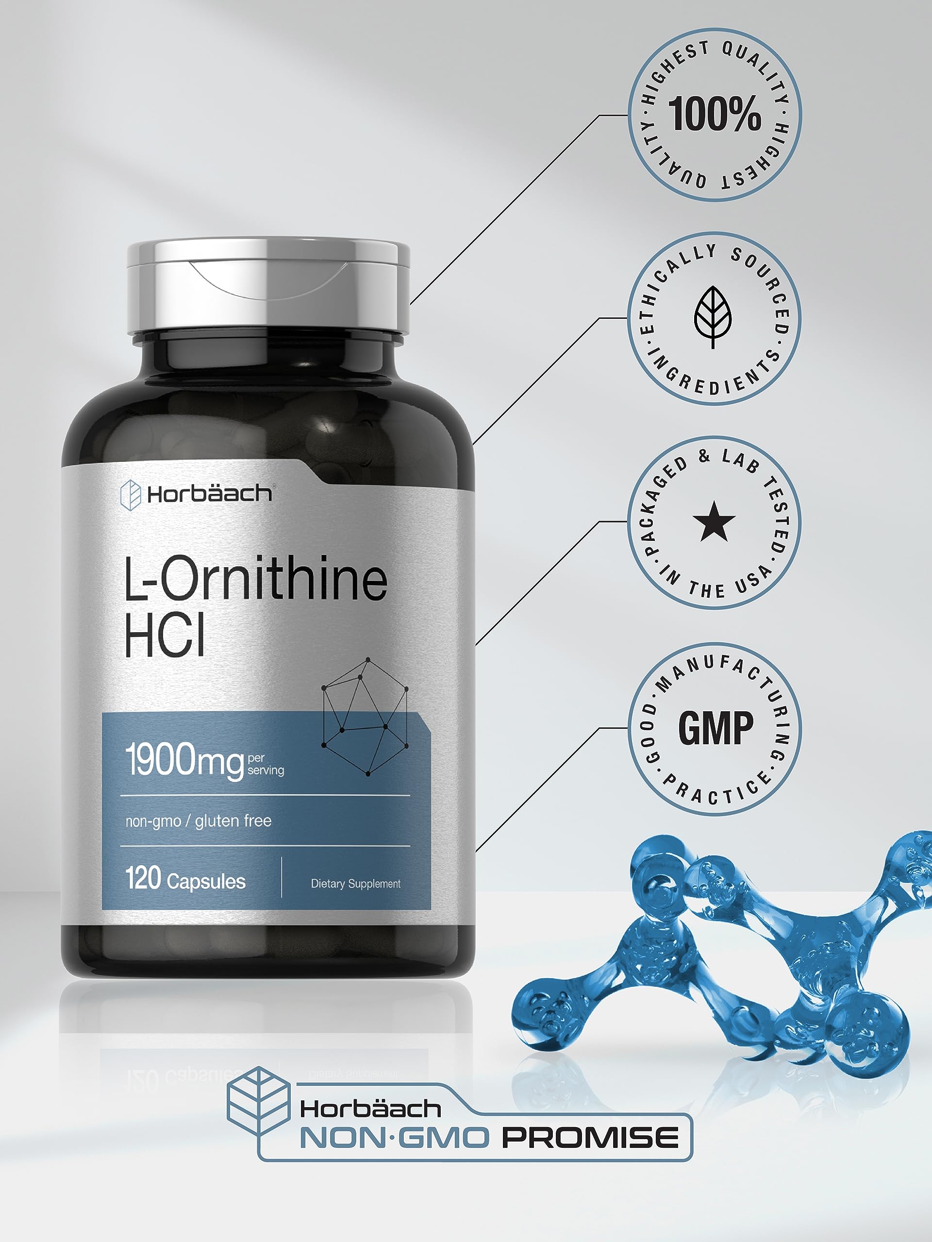 Foto 6 pulgar | Suplemento Horbaach L-ornitina Hcl 1900 Mg 120 Cápsulas - Venta Internacional.