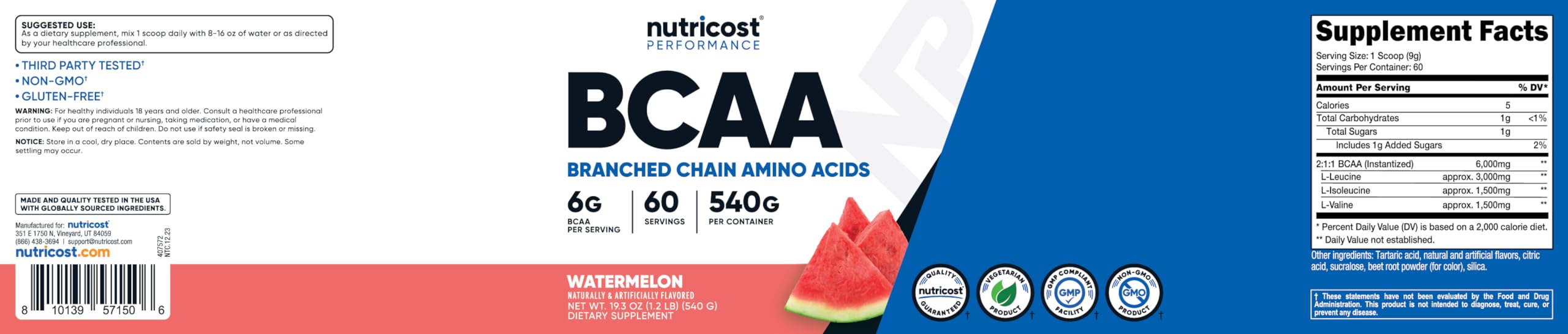 Foto 7 pulgar | Bcaa En Polvo Nutricost Sabor Sandía 60 Porciones - Venta Internacional.