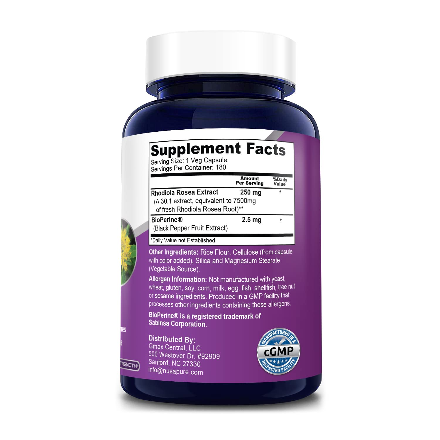 Foto 3 pulgar | Suplemento Nusapure Rhodiola Rosea 7,500 Mg 180 Cápsulas - Venta Internacional.