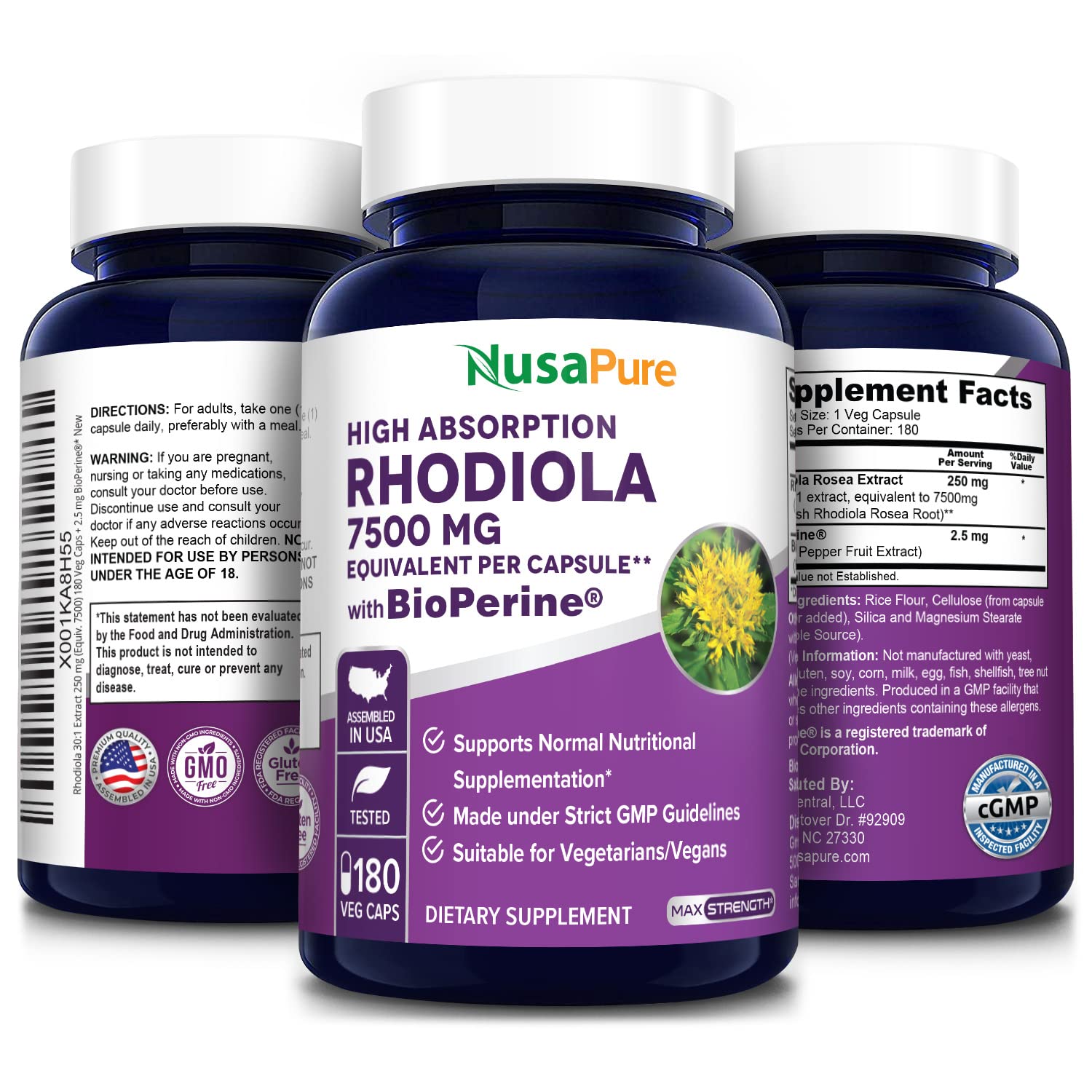 Foto 5 pulgar | Suplemento Nusapure Rhodiola Rosea 7,500 Mg 180 Cápsulas - Venta Internacional.