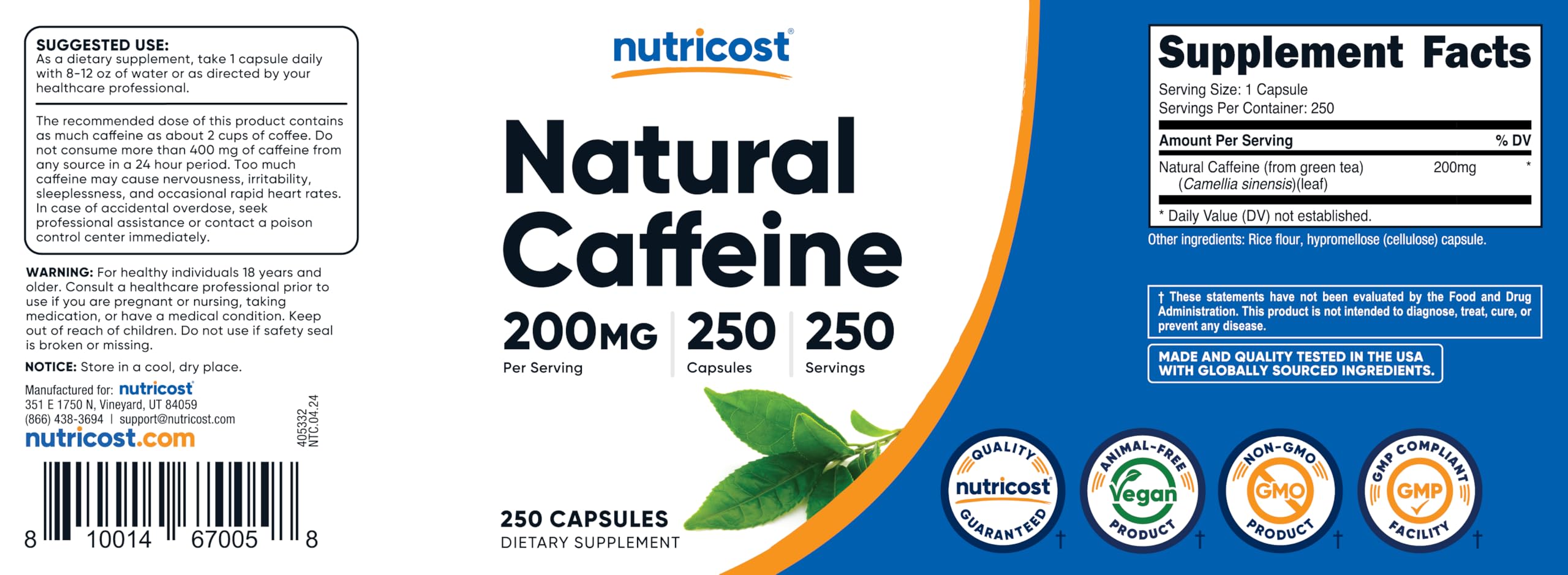Foto 6 | Suplemento Nutricost De Cafeína Natural 200 Mg 250 Cápsulas - Venta Internacional.