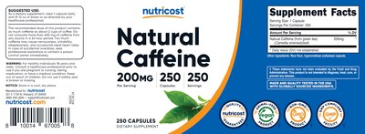 Foto 6 | Suplemento Nutricost De Cafeína Natural 200 Mg 250 Cápsulas - Venta Internacional.