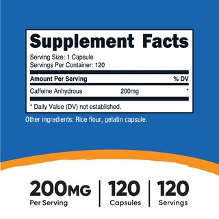 Foto 2 | Píldoras De Cafeína Nutricost 200 Mg 120 Cápsulas Sin Gluten - Venta Internacional.