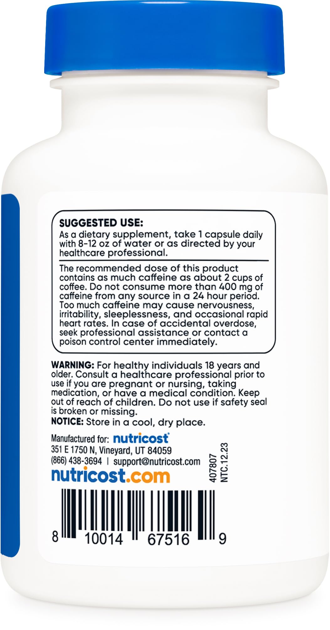Foto 5 pulgar | Píldoras De Cafeína Nutricost 200 Mg 120 Cápsulas Sin Gluten - Venta Internacional.
