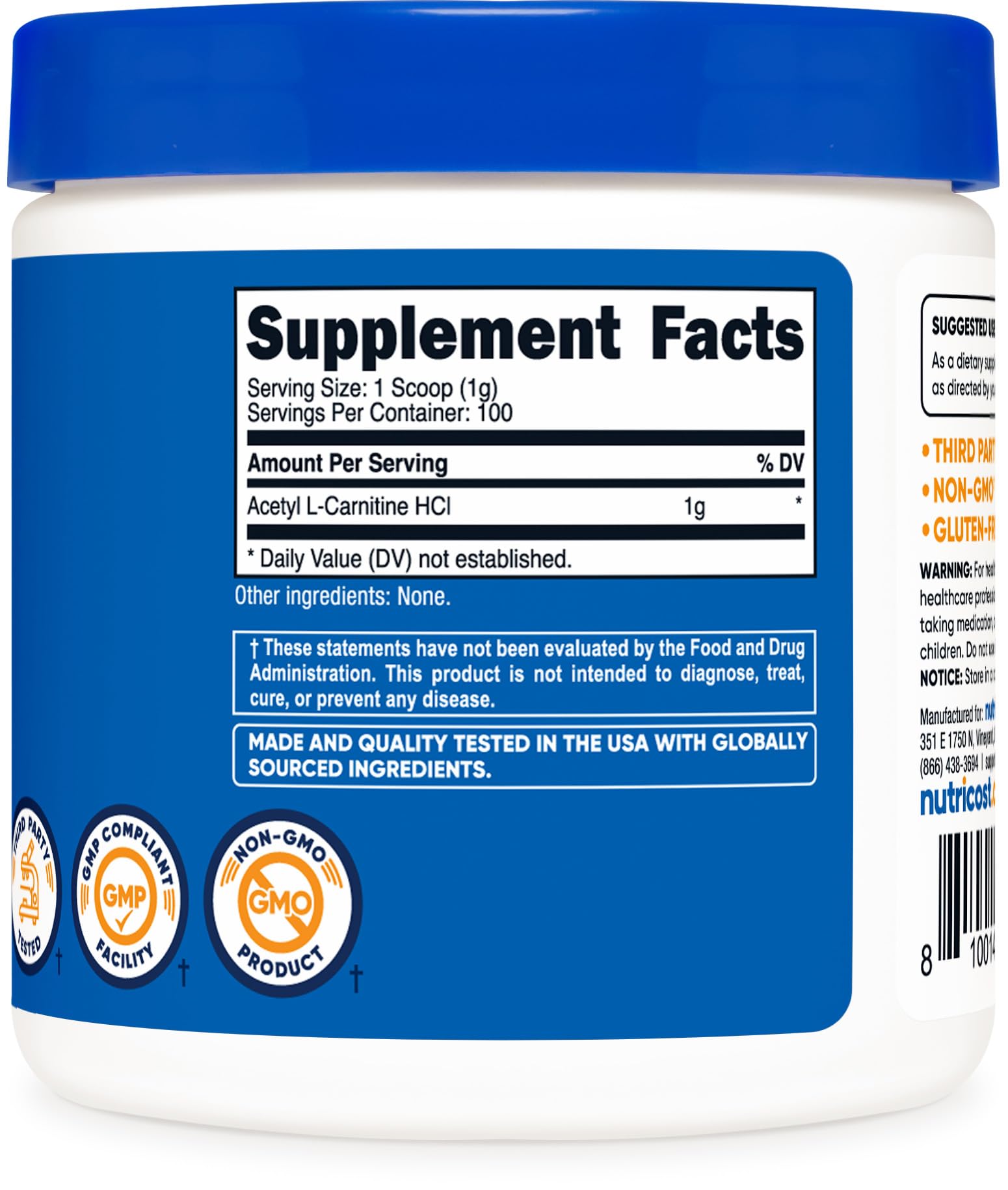 Foto 6 pulgar | Suplemento Nutricost Acetil L-carnitina Hci 100 G Sin Ogm - Venta Internacional.