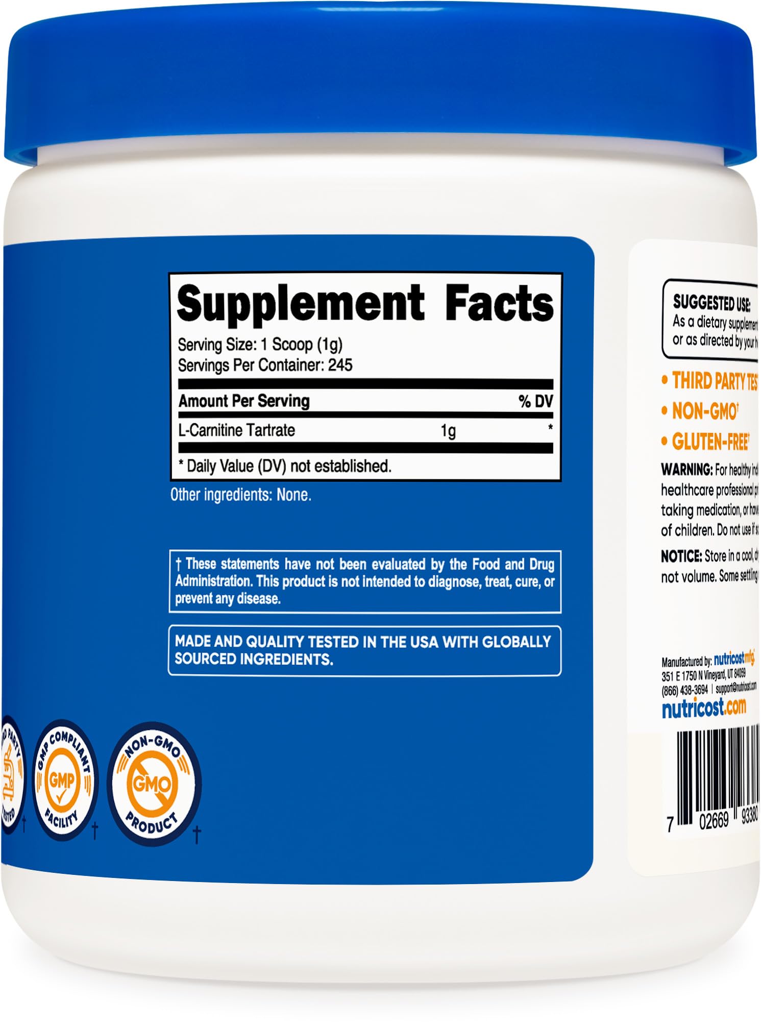 Foto 7 pulgar | Suplemento Nutricost De Tartrato De L-carnitina 1000 Mg 120 Cápsulas - Venta Internacional.