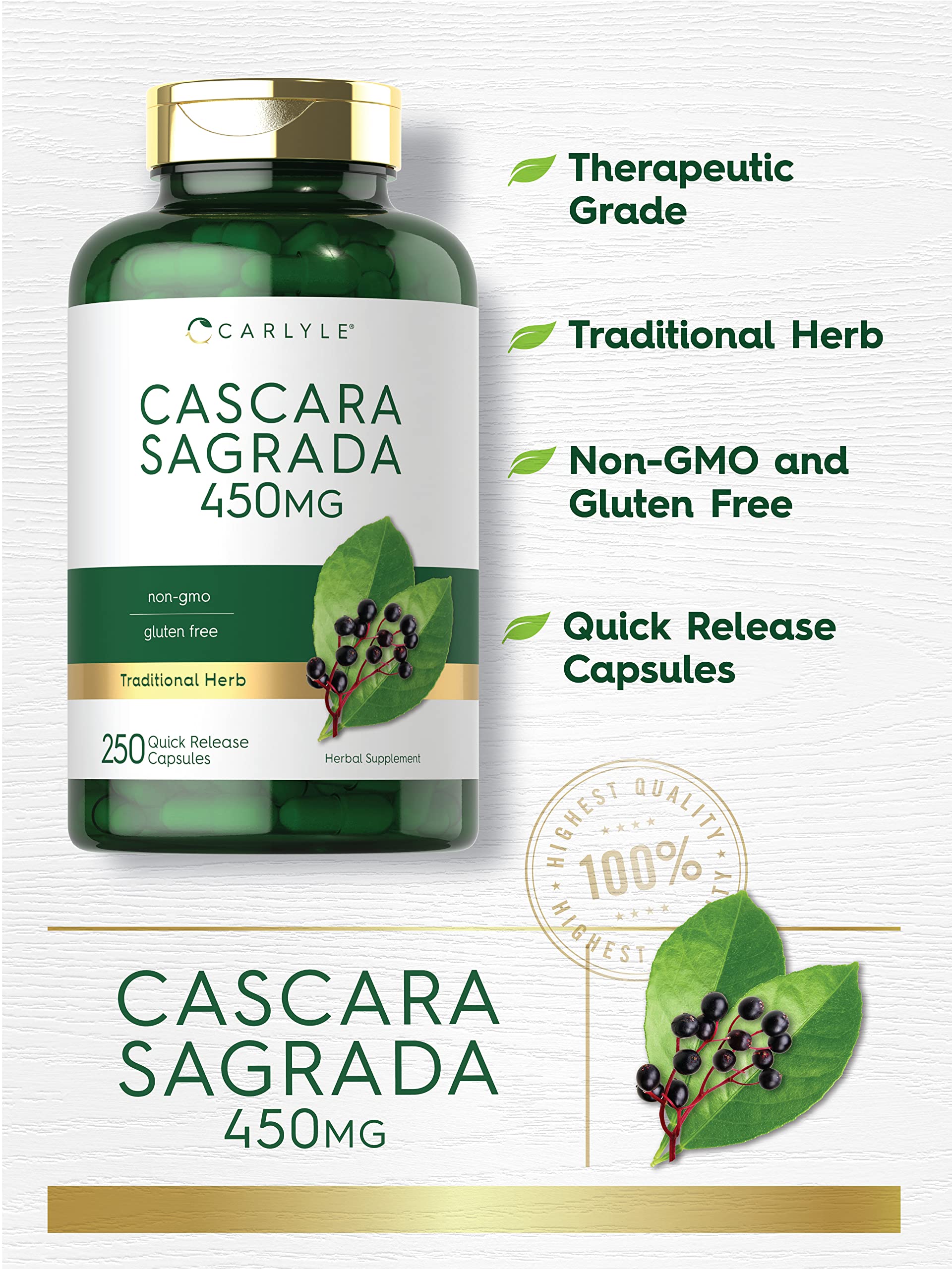 Foto 3 | Suplemento Carlyle Cáscara Sagrada, Cápsulas, 450 Mg, 250 Unidades - Venta Internacional.