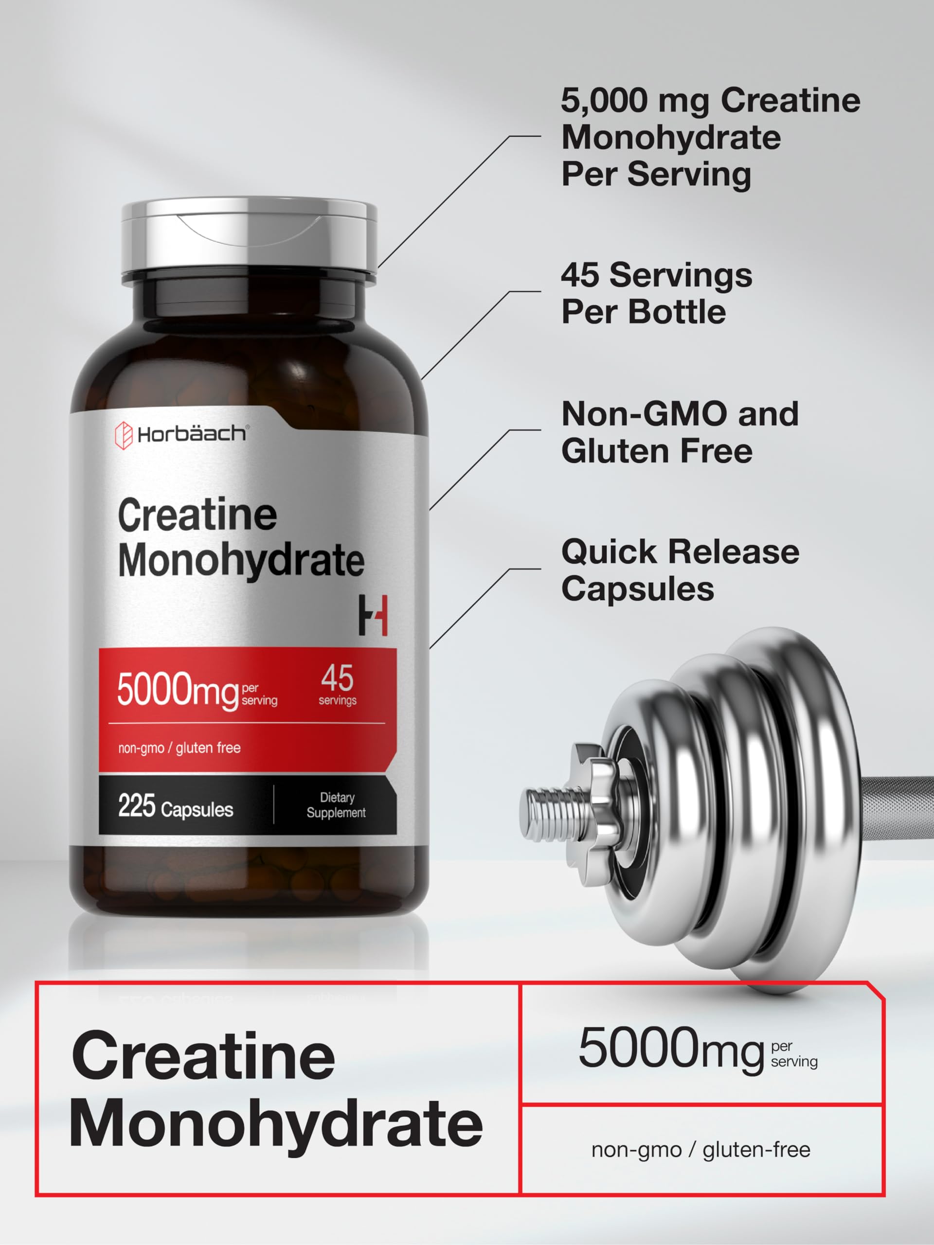 Foto 5 pulgar | Suplemento Horbäach De Monohidrato De Creatina 5 G 225 Cápsulas - Venta Internacional.
