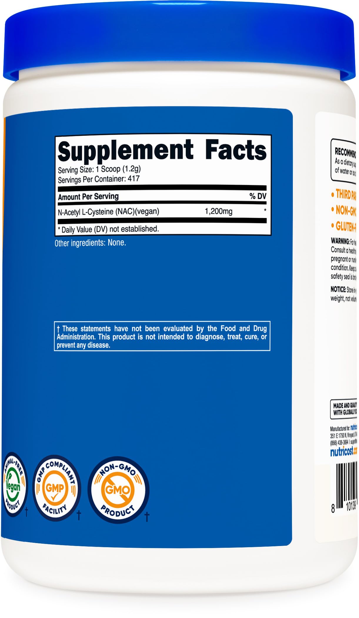 Foto 6 pulgar | Suplemento Nutricost N-acetil L-cisteína (nac) En Polvo 500 G - Venta Internacional.