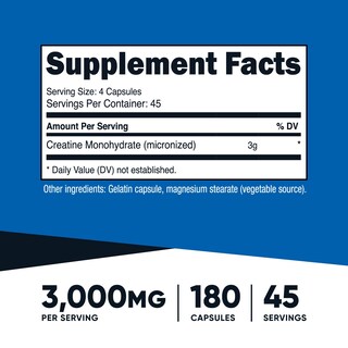 Foto 2 | Suplemento Nutricost De Monohidrato De Creatina 3000 Mg 180 Cápsulas - Venta Internacional.