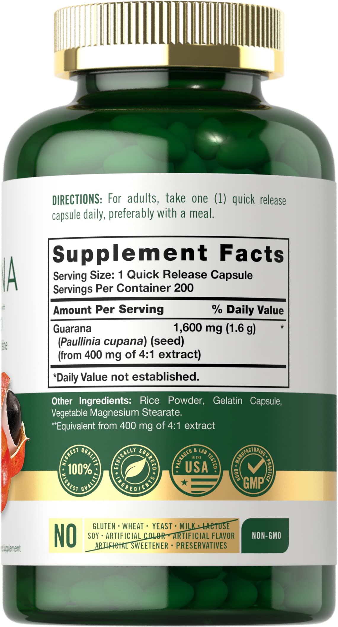 Foto 2 | Suplemento Carlyle: Extracto De Guaraná, Cápsulas, 1600 Mg, 200 Unidades - Venta Internacional.