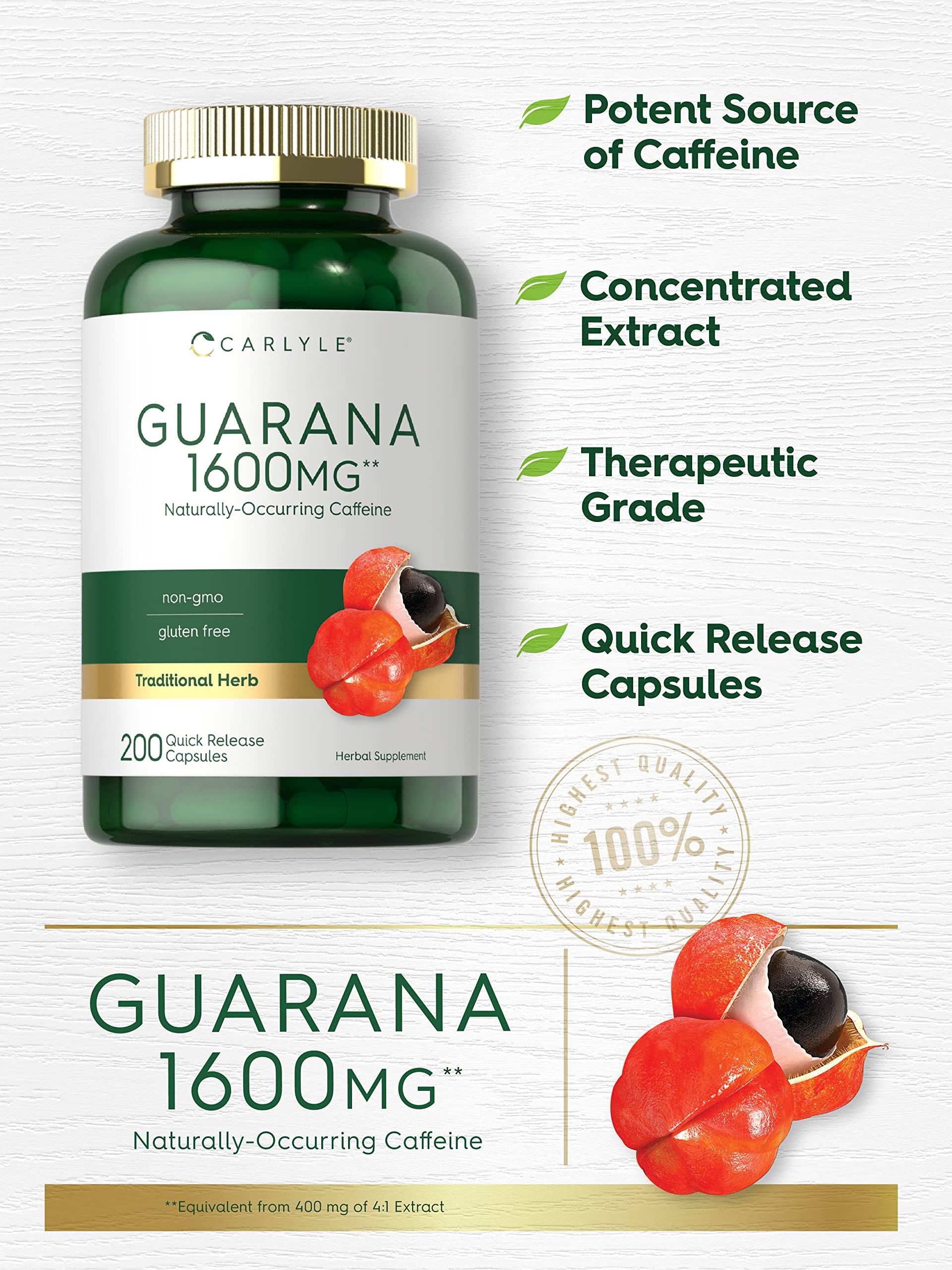 Foto 4 pulgar | Suplemento Carlyle: Extracto De Guaraná, Cápsulas, 1600 Mg, 200 Unidades - Venta Internacional.