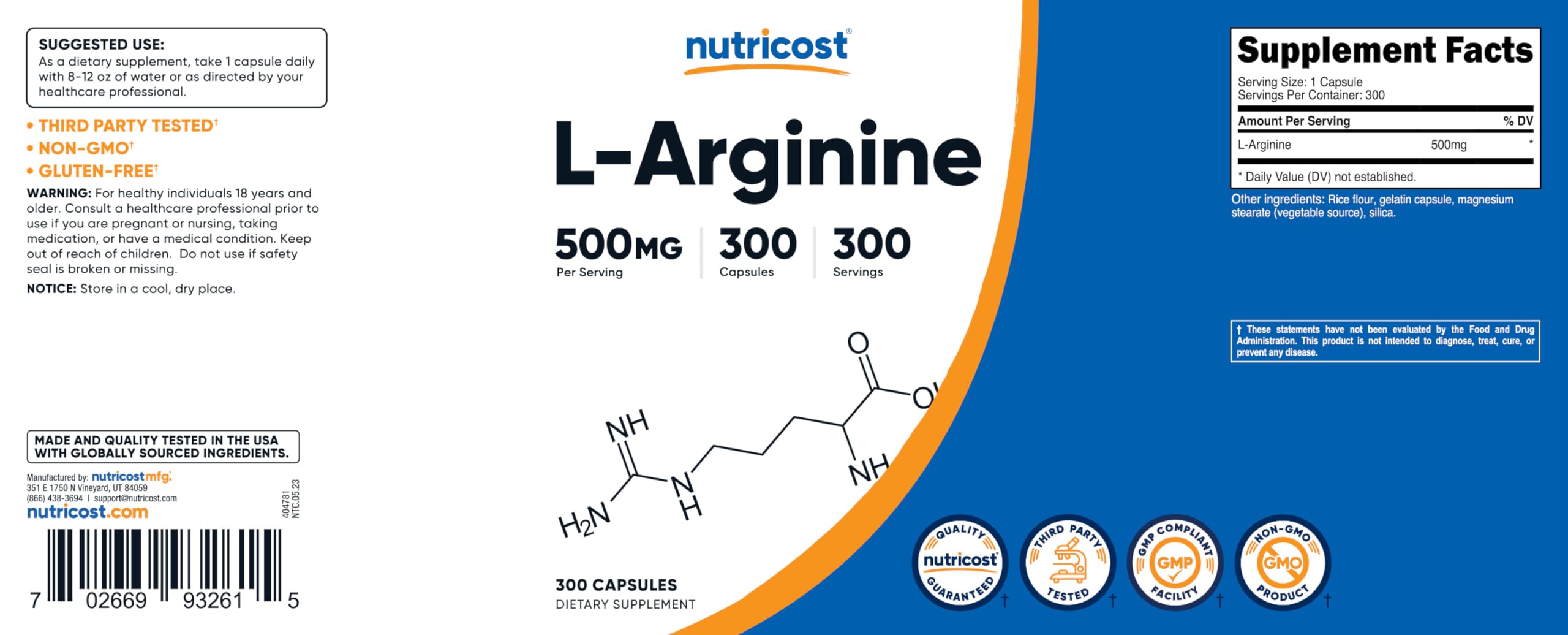 Foto 7 pulgar | Suplemento Nutricost L-arginina 500 Mg 300 Cápsulas - Venta Internacional.