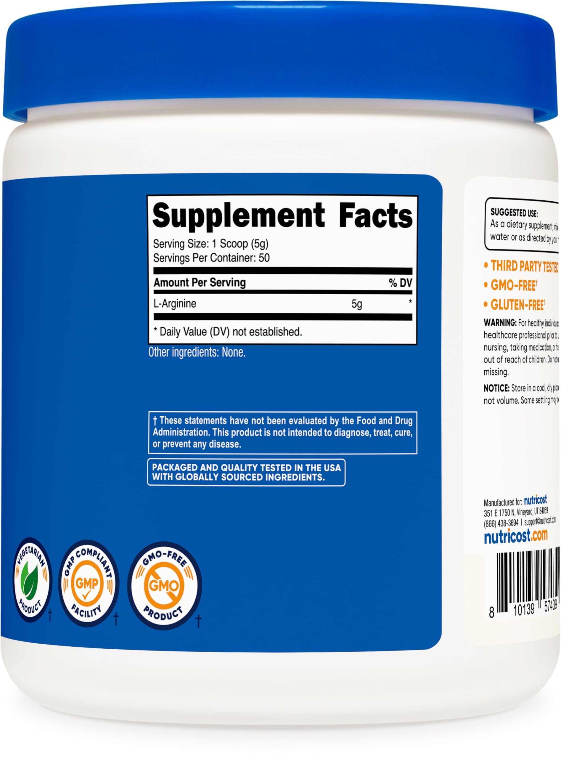 Foto 6 pulgar | L-arginina En Polvo Nutricost 250 G - 5000 Mg Por Porción - Venta Internacional.
