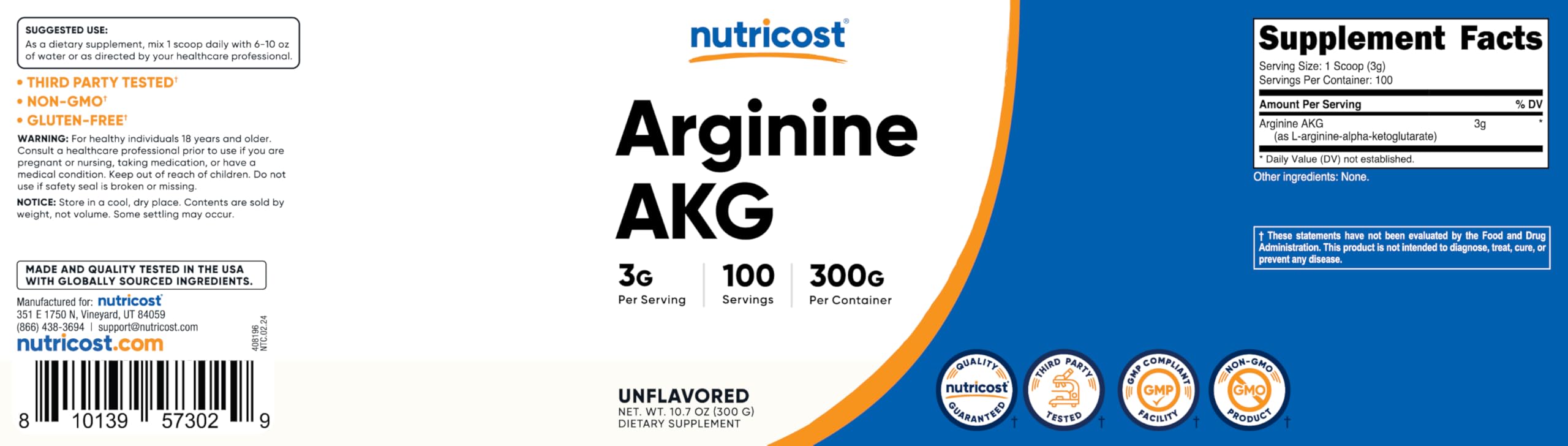 Foto 7 pulgar | Suplemento Nutricost Arginine Akg En Polvo 300 G - 100 Porciones - Venta Internacional.