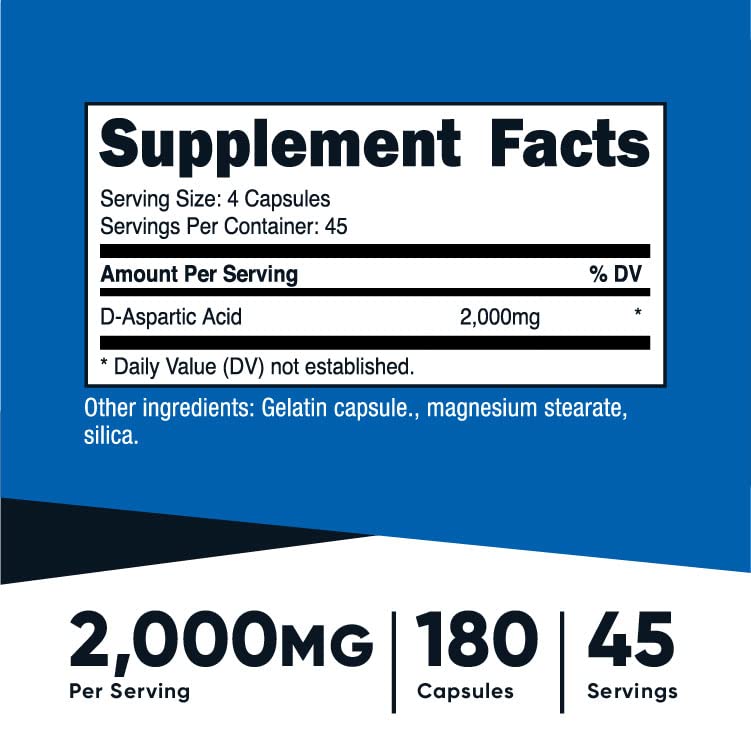 Foto 3 pulgar | Suplemento Nutricost De Ácido D-aspártico (daa) 2000 Mg 180 Cápsulas - Venta Internacional.