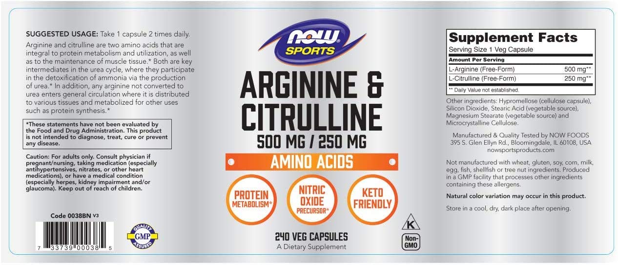 Foto 3 pulgar | Suplemento Now Sports Nutrition Arginina Y Citrulina 500 Mg/250 Mg - Venta Internacional.
