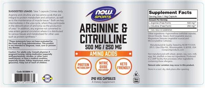 Foto 2 | Suplemento Now Sports Nutrition Arginina Y Citrulina 500 Mg/250 Mg - Venta Internacional.
