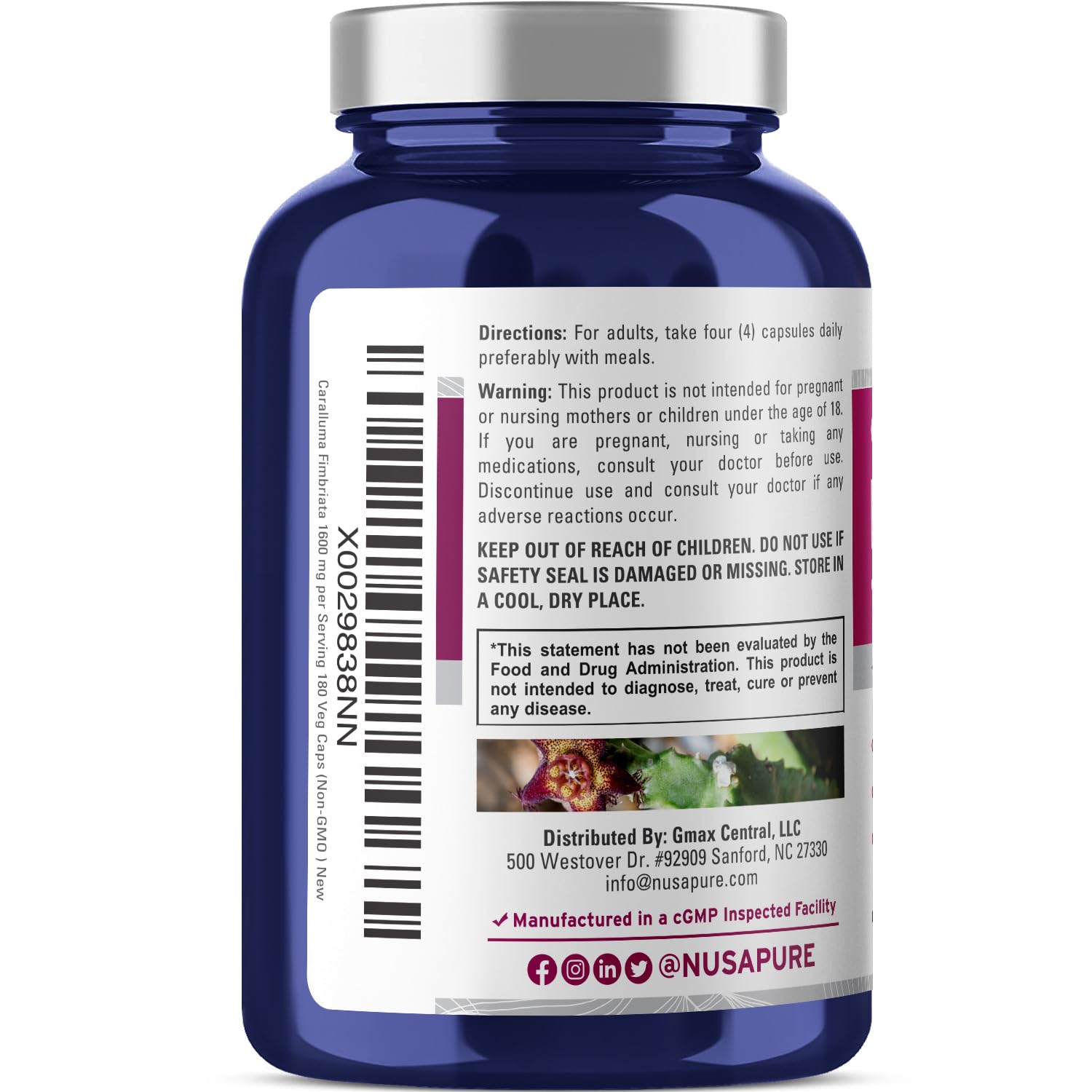 Foto 4 pulgar | Suplemento Nusapure Caralluma Fimbriata 1600 Mg 180 Cápsulas - Venta Internacional.
