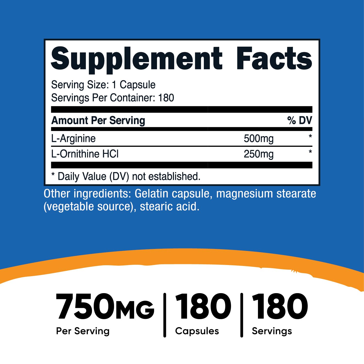 Foto 3 pulgar | Suplemento Nutricost L-arginina L-ornitina 750 Mg 180 Cápsulas - Venta Internacional.