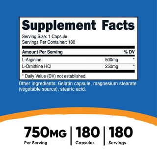 Foto 2 | Suplemento Nutricost L-arginina L-ornitina 750 Mg 180 Cápsulas - Venta Internacional.