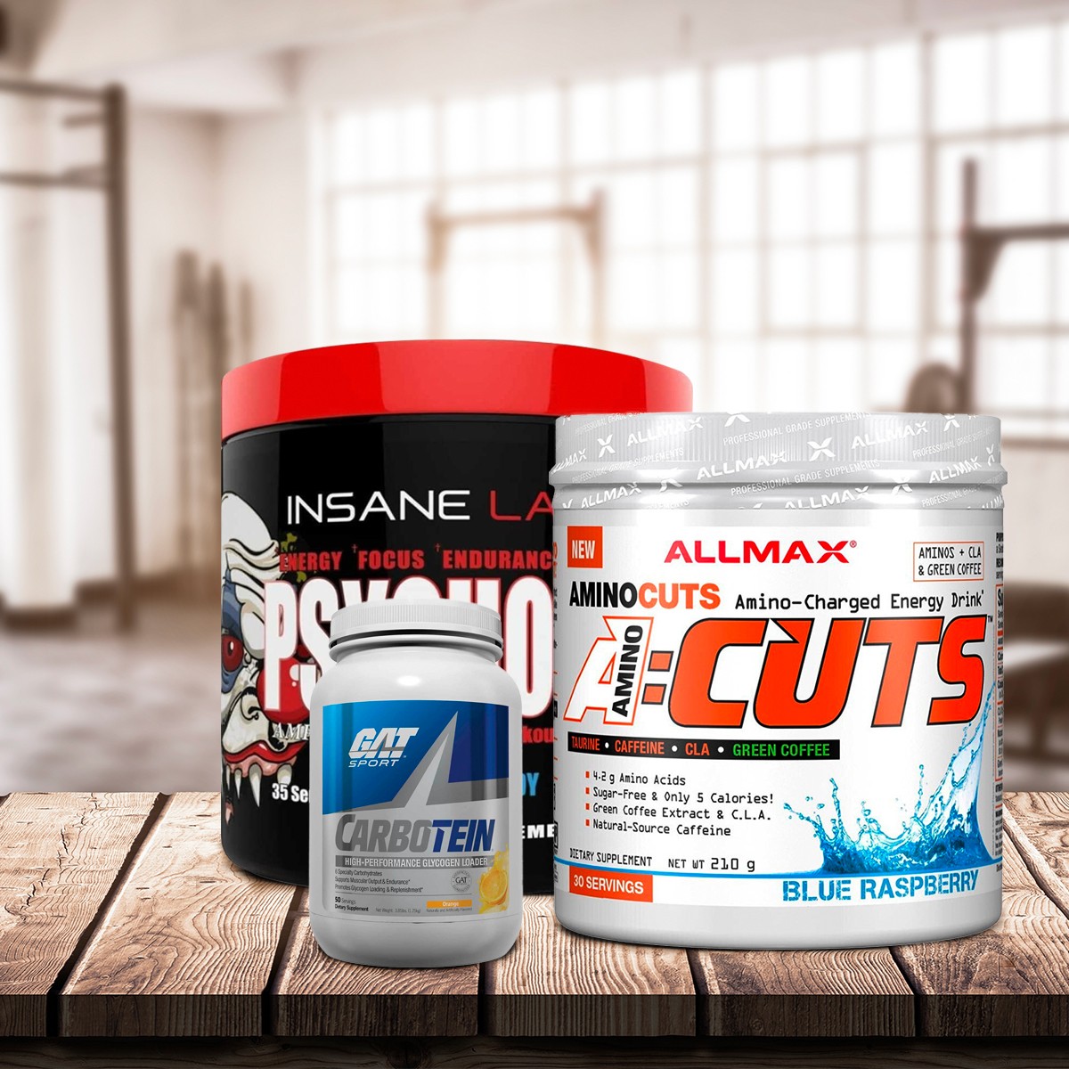 Combo Pre-entreno Psychotic Insane Labz+ Amino-cuts Allmax+ Carbotein Gat