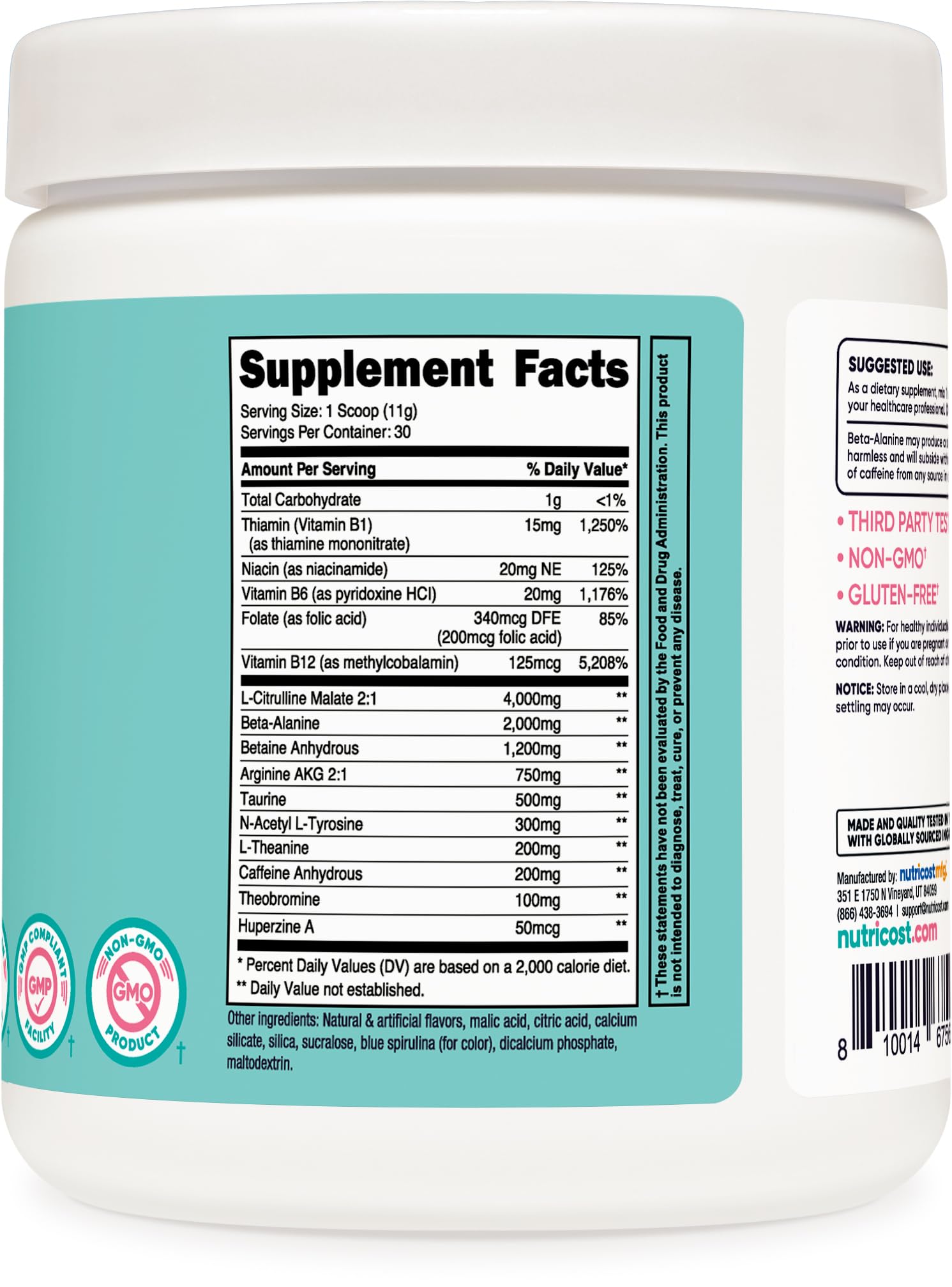 Foto 6 pulgar | Polvo Pre-Entrenamiento Nutricost Blue Raspberry 30 Porciones 342 g - Venta Internacional