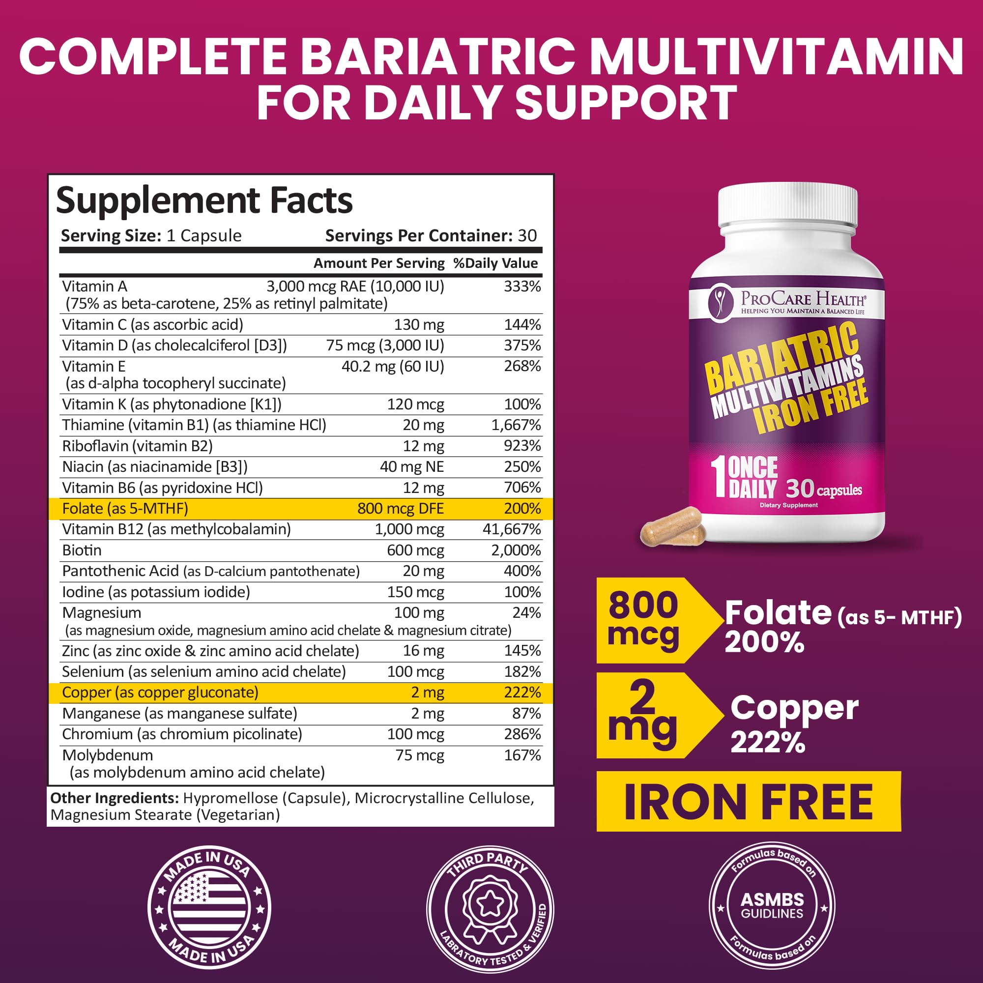 Foto 3 pulgar | Multivitamínico Bariátrico Procare Health sin Hierro 30 Cápsulas - Venta Internacional