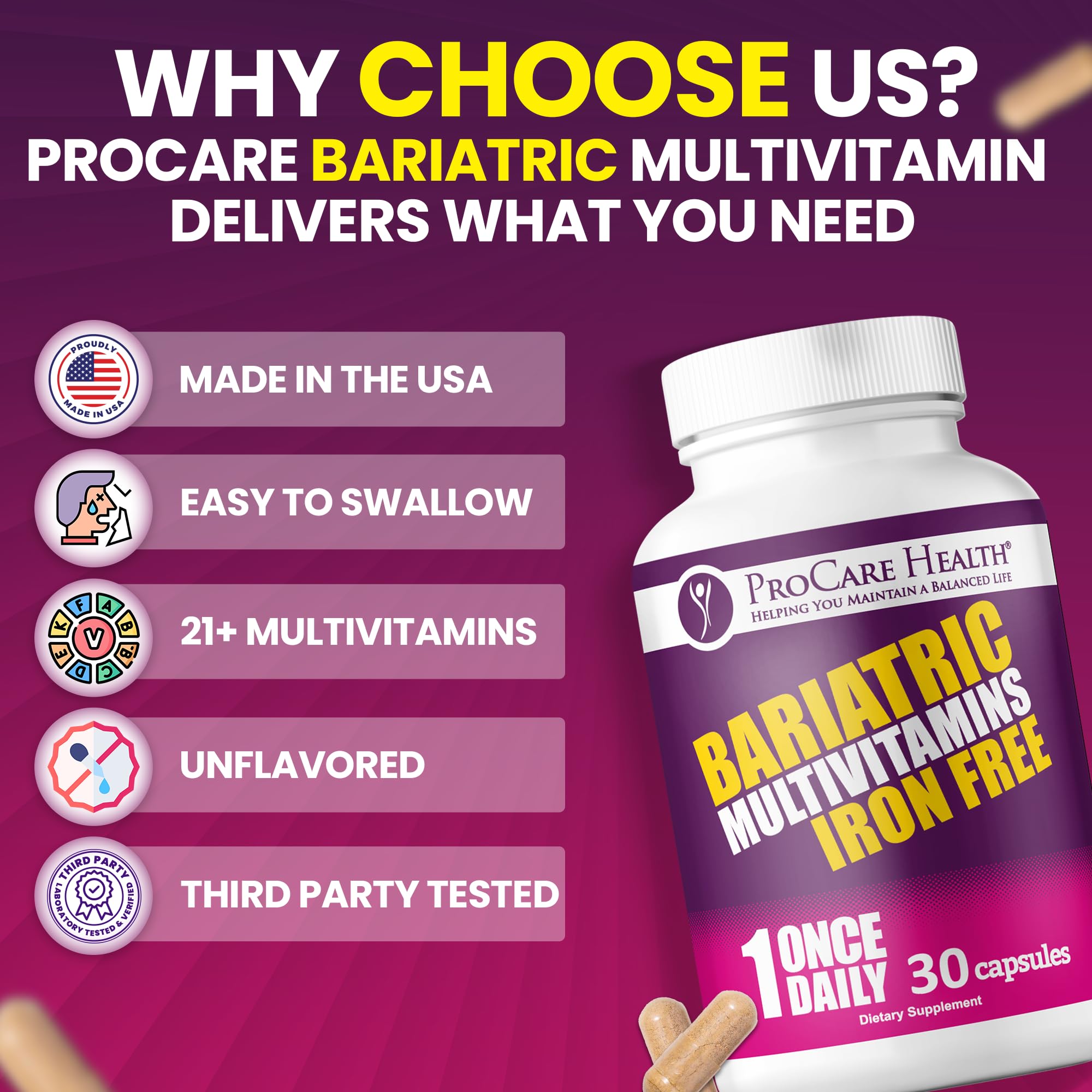 Foto 7 pulgar | Multivitamínico Bariátrico Procare Health sin Hierro 30 Cápsulas - Venta Internacional