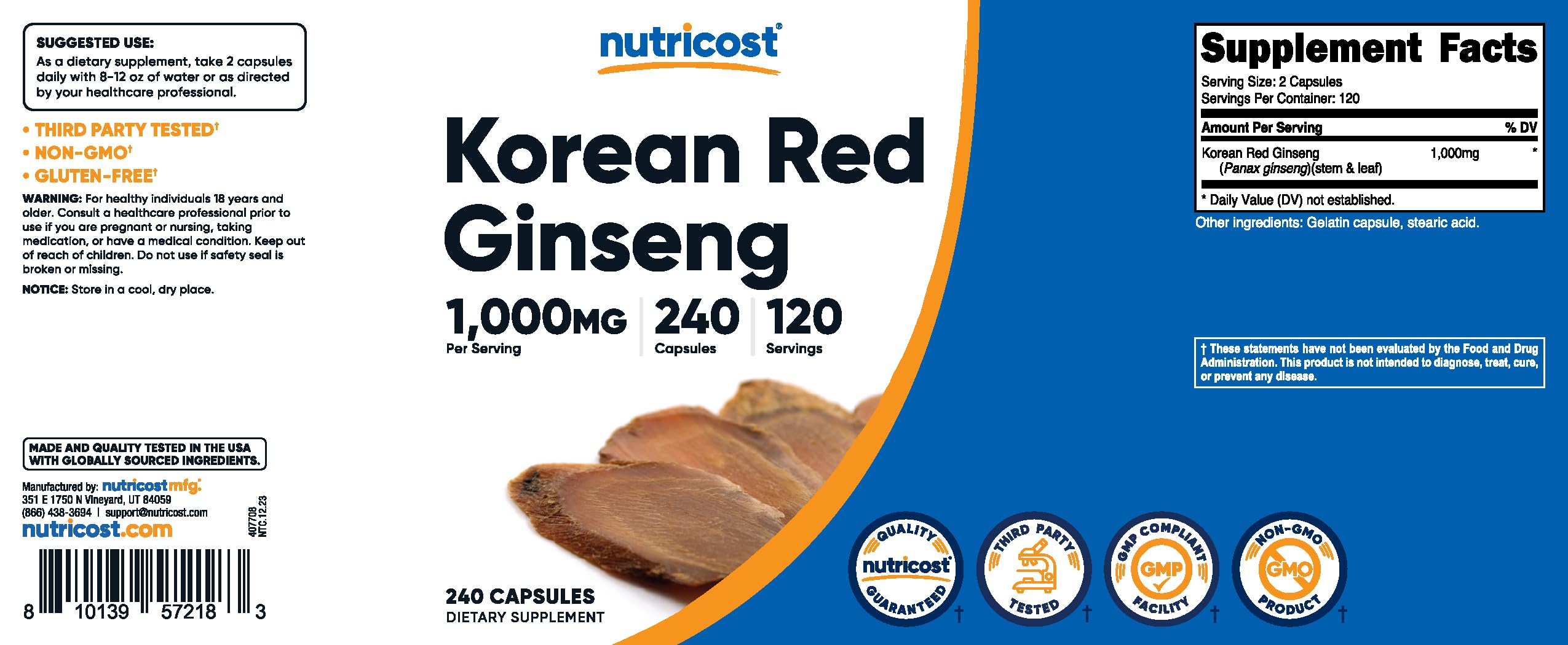 Foto 7 pulgar | Suplemento Nutricost Ginseng Coreano 1000 mg 240 Cápsulas - Venta Internacional