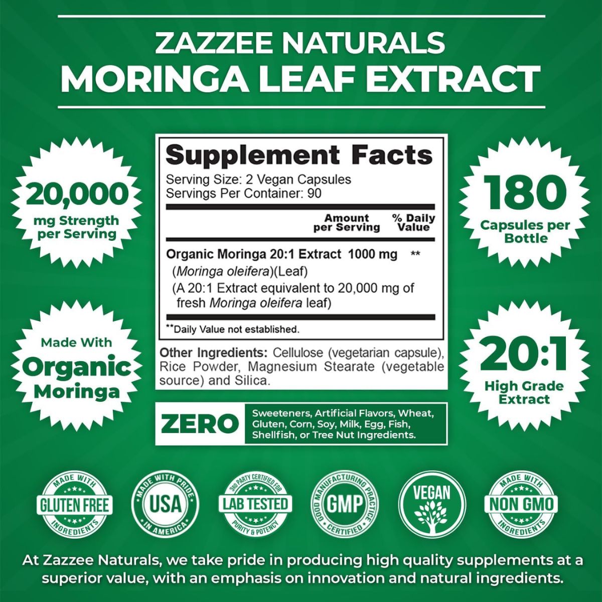 Foto 3 pulgar | Zazzee Naturals |moringa Orgánica 20,000 Mg – 180 Cápsulas | Energía Natural, Defensa Inmune Y Nutrición Antioxidante