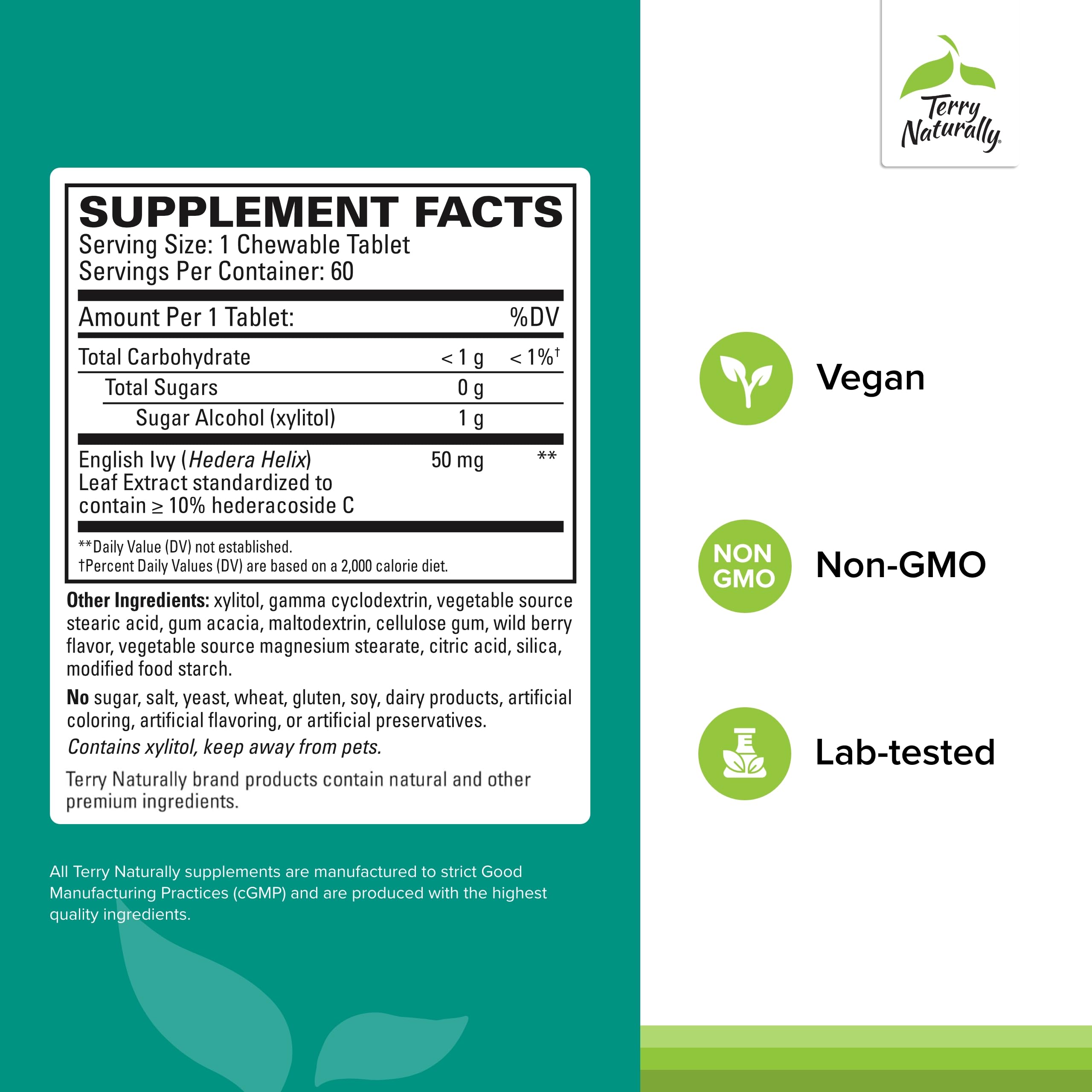 Foto 2 | Complemente El Extracto De Hoja De Hiedra Transparente De Terry Naturally Bronchial - Venta Internacional.