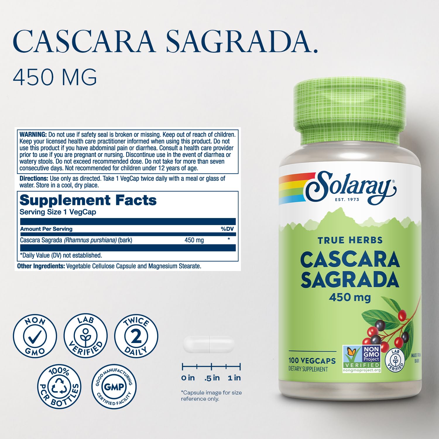 Foto 3 pulgar | Suplemento Solaray Cáscara Sagrada, 450 Mg, 100 Cápsulas Vegetales - Venta Internacional.