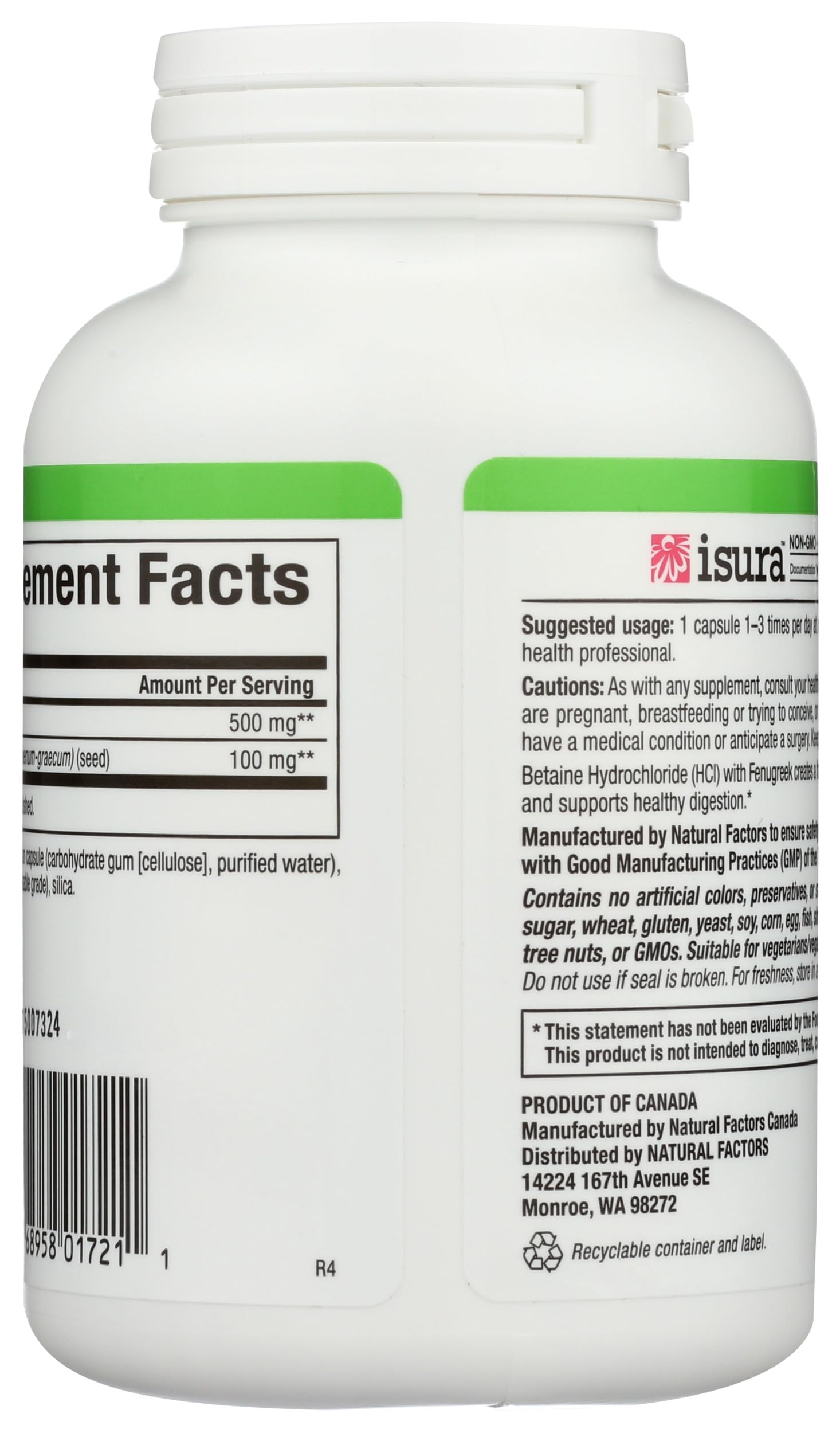 Foto 3 pulgar | Suplemento Natural Factors Betaine Hcl 500 Mg 180 Cápsulas - Venta Internacional.