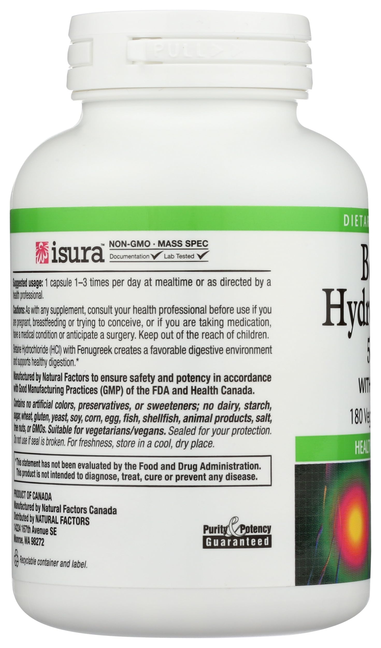 Foto 7 pulgar | Suplemento Natural Factors Betaine Hcl 500 Mg 180 Cápsulas - Venta Internacional.