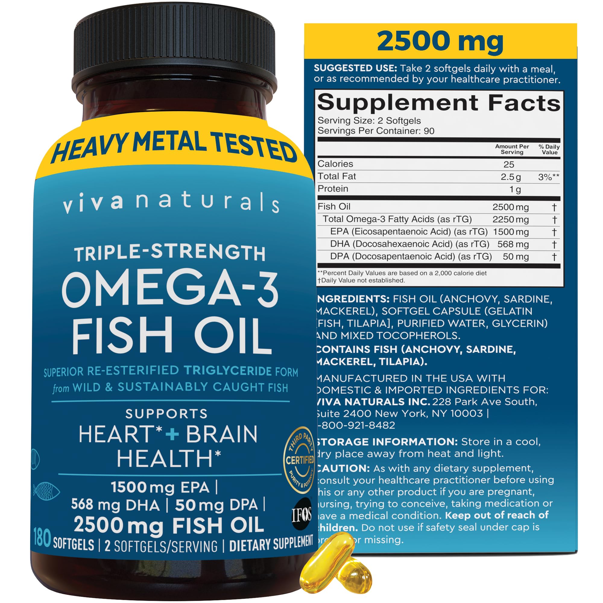 Foto 2 pulgar | Suplemento De Aceite De Pescado Omega 3 Triple Strength De Viva Naturals, 2500 Mg - Venta Internacional.