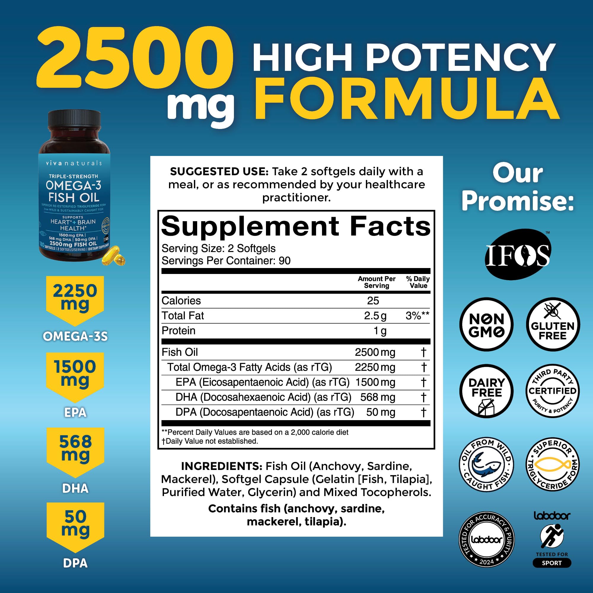 Foto 3 pulgar | Suplemento De Aceite De Pescado Omega 3 Triple Strength De Viva Naturals, 2500 Mg - Venta Internacional.