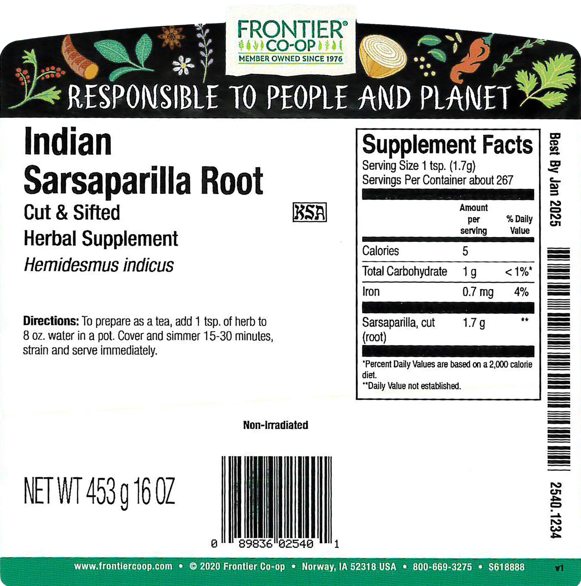 Foto 2 | Raíz De Zarzaparrilla Frontier Co-op Hemidesmus Indicus 454 G - Venta Internacional.